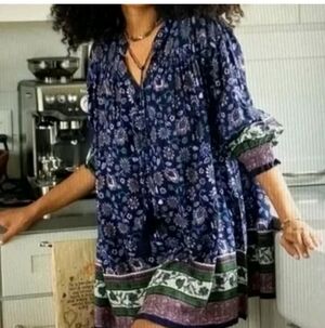 Natural Life S Dara Floral Tunic Mini Dress Resort Long smocked sleeve Loose